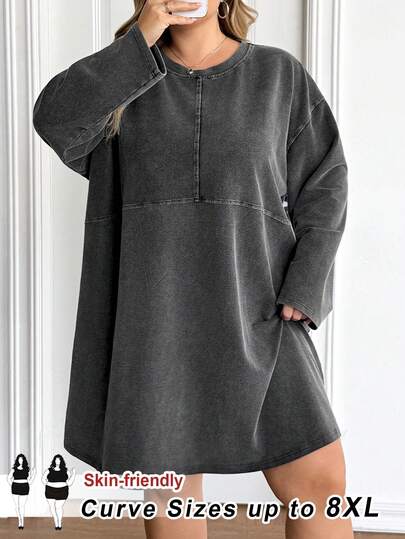 SHEIN CURVE+ 大码纯色简约休闲圆领长袖连衣裙