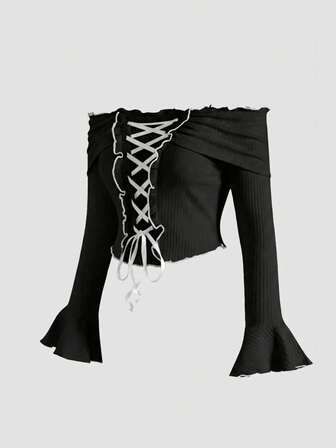 Kawaii süße rosa Off-Shoulder Schleife Kontrast Farbbluse, Damen Große Größen rosa Strickpullover, süß lässige Herbst/Winter Damen Große Größen Oberteile