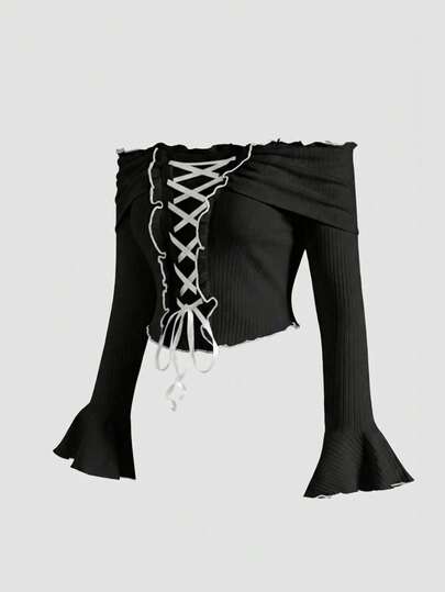 Blusa kawaii e carina rosa con spalle scoperte e laccio, maglione rosa lavorato a maglia oversize per donna, top casual dolce oversize per donna in autunno/inverno