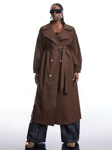 SHEIN EZwear 初秋棕色大码长款风衣 - 棕色 - 查看 6