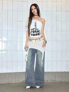 ROMWE Grunge Punk Women's Casual Printed Denim Jeans - Blue - View 2