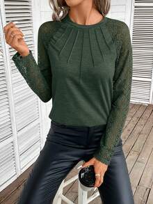 SHEIN Frenchy Contrast Lace Raglan Sleeve Seam Detail Round Neck Tee Spring - Army Green - View 4