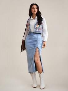 SHEIN Tall Chân váy mini denim nữ màu trơn, có dây rút, xẻ tà đến đùi. - Màu xanh lam - Xem 6