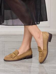 Sleekvia 女士休闲套脚乐福鞋，带流苏设计 - 卡其色 - 查看 3