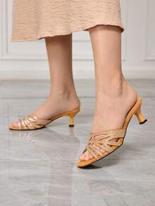 Sleekvia 女士水钻装饰时尚日常休闲高跟凉拖鞋 - 黃色 - 查看 3