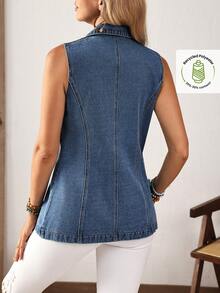 EMERY ROSE Große Größen einfarbige Denim Jacke mit Knöpfen vorne, ärmellos, Lässig - Blau - Übersicht 2