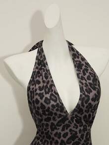 Franclia Vestido mini elegante y ajustado con cuello en V y cintura anudada con estampado de leopardo para mujer - Café integral - Ver 5