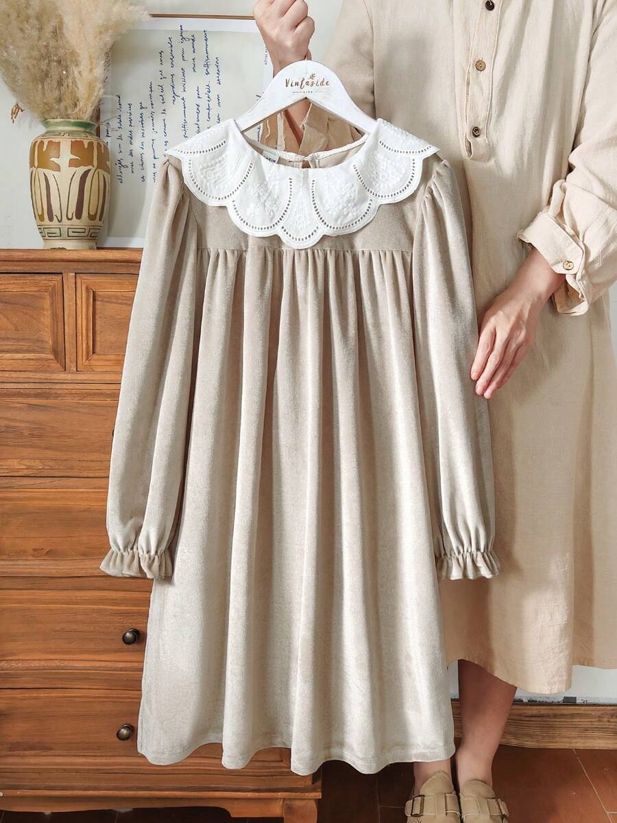 Vintaside Kids Girls' Spring/Autumn Lace Collar Long Sleeve Elegant & Simple Dress, Suitable For Parties, Travel, Vacation, Or Casual Daily Wear - Khaki - View 1