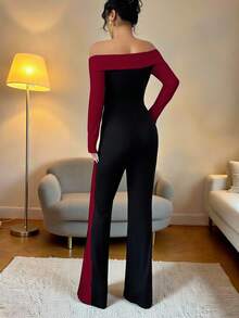 Elenzga Bộ jumpsuit nữ thanh lịch, thời trang, phối màu tương phản, trễ vai, tay dài. - Màu Đỏ Sâu - Xem 2