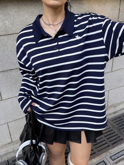 Muchica Plus Size Casual Commuter Striped Long Sleeve T-Shirt, Autumn