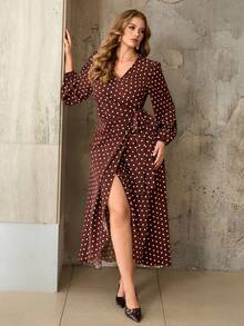 Roveilla 大码波点系带长袖梭织连衣裙，春夏款 - 咖啡棕 - 查看 6