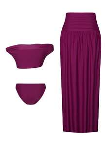 Bonvoyette Swim Oasis 3-Piece Set, Eggplant Purple Cropped Top With Elegant Neckline And Intricate Twisted Arm Details, Draped Coverup, Side Slit Maxi Skirt For A Captivating Silhouette. - Burgundy - View 4
