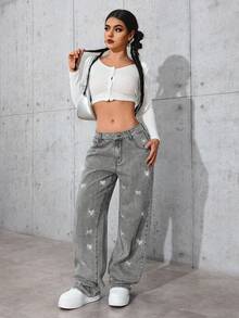 SHEIN Tall Jeans de pierna recta con lavado, bordado de mariposa y rhinestones de cintura baja - Gris Claro - Ver 4