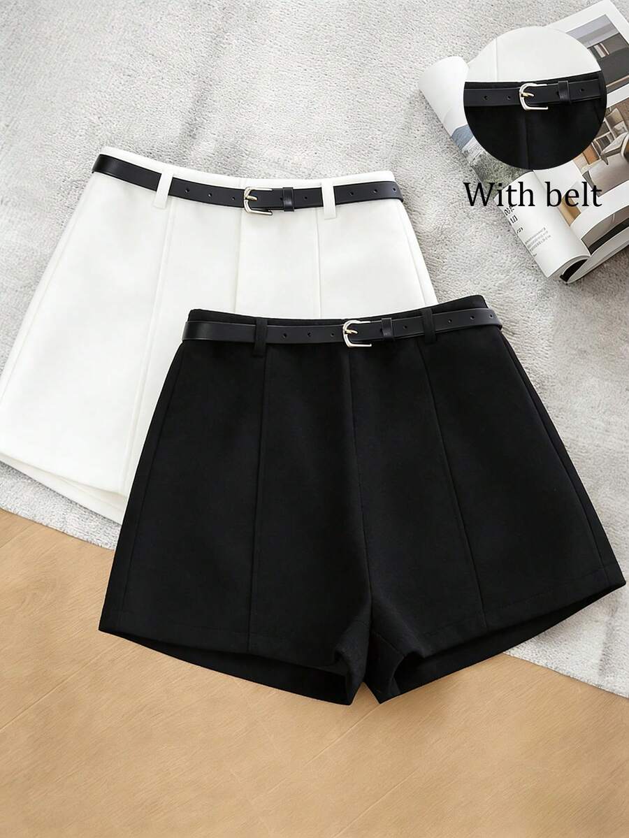 SHEIN Franclia 女士纯色简约休闲短裤 - 黑色 - 查看 1
