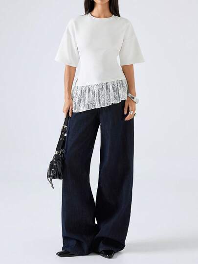 LYSMO 2026 New Arrive Minimalism Spring/Summer Women's Elegant Solid Color Lace Patchwork Asymmetric Hem Fitted T-Shirt White Peplum Top White Ruffled Top Peplum Tops Peplum Top Women Modest Top