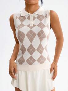 Dewbera Women's Diamond Pattern Polo Collar Sleeveless Knit Sports Top - Multicolor - View 3