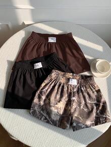 Comfortcana 女士夏季休闲通勤短裤三件套，纯色及树木印花，宽松版型 - 彩色 - 查看 6