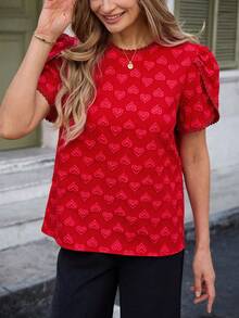 Louniche 女士春季休闲圆领花瓣袖简约直筒心形提花情人节短袖百搭衬衫 - 紅色 - 查看 7