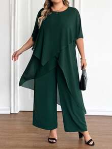 SHEIN CURVE+ 大码女式纯色不对称下摆圆领上衣和阔腿裤宽松两件套 - 綠色 - 查看 7