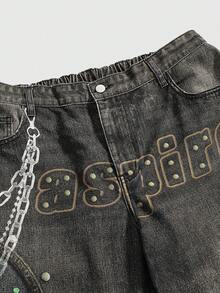 ROMWE Grunge Punk Plus Size Women's Letter Embroidery Pocket Rhinestone Decor Fashion Denim Shorts - Black - View 3