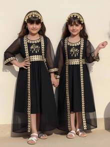 Đầm dài tay cổ tròn phối màu bằng vải lưới thời trang tối giản dành cho bé gái tuổi teen. - màu đen - Xem 1