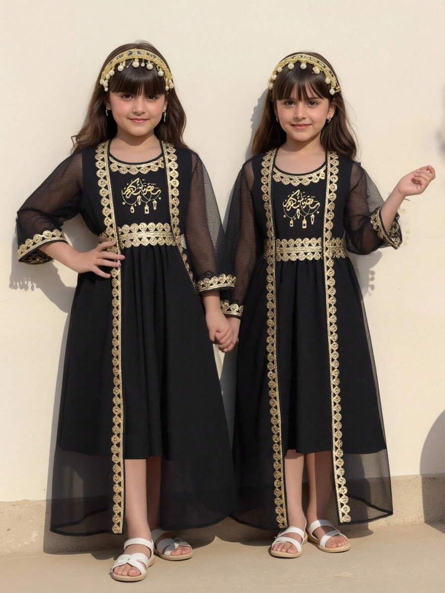 Đầm dài tay cổ tròn phối màu bằng vải lưới thời trang tối giản dành cho bé gái tuổi teen. - màu đen - Xem 1