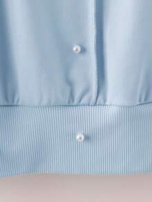 Franclia Distinctive Beaded Slim Fit Commuter Knit Crew Neck Short Sleeve T-Shirt, Ribbed Cuffs, Neckline, And Hem, Ruffle Blue Trim Decor, Blue Short Sleeve Tee, Comfortable Fabric, Spring/Summer New Essential Baby Blue Top Women Pearl Shirt Light Blue Top Baby Blue Tops Tops For Women Elegant Light Blue Blouse - Baby Blue - View 5