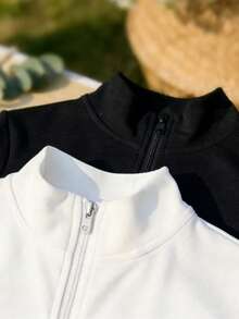 Comfortcana 2件套女士休闲简约黑白针织拉链七分袖T恤，春夏款，适合跑步、瑜伽、嘉年华等夏季轻薄穿着 - 彩色 - 查看 3