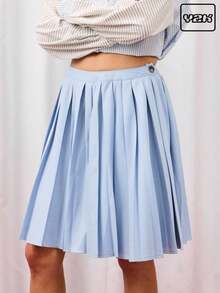 COUREZ 中长款百褶裙，侧开衩 / Y2K 度假风秋季女装，秋季外出穿搭，可爱性感，返校季必备 - 藍色 - 查看 1