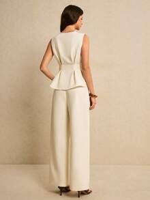 Poéselle 女士金属海星单排扣褶裥下摆马甲和阔腿裤优雅套装 - 杏色 - 查看 4