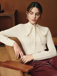 Anewsta Women's Elegant Party Dress Red Top T-Shirt, High-End Bowknot Tie Long Sleeve Sweater - Apricot - View 4