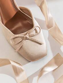 SHUZIA #ChicGala Women's Satin Ribbon Ankle-Tie D'Orsay Bow-Toe Nude Ballet Heels – Elegant, Festive & Dress-Ready. - Beige - View 7