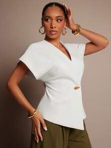 Vixey Solid Textured Woven Asymmetrical Hem Single Button Waistcoat Top - White - View 2