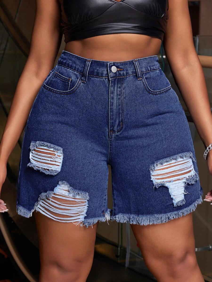 SHEIN EZwear Plus Size Women Pocket Button Distressed Casual Versatile Commuting Denim Shorts - Dark Wash - View 1