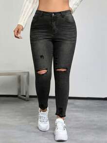 SHEIN EZwear Plus Size Women Pocket Button Distressed Casual Versatile Commute Denim Jeans - Black - View 4