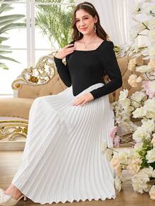 Knit Top & Pleated Maxi Skirt Set For Teen GirlSuitable For Dates, Commuting, Casual Outings, And Social Gatherings - Multicolor - View 6