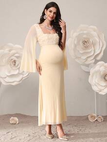 SHEIN Maternity Clothes Maternity  Dress Summer Pregnant Clothes Apricot Maternity Dress With Stand-Up Collar, Flared Sleeves, And Textured Floral Pattern, Elegant - Apricot - View 7
