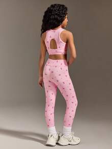 Tween Girls Cute Pink Activewear Set,Summer Colorful Pattern Vivid Top With Cutout Back Design & Pants Set,Suitable For Gym Gymnastics Training Wear - Pink - View 3