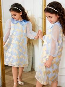 SHEIN 1pc Girls Royal Blue Butterfly Collar Pearl Decor Transparent Organza Long Sleeve Dress,Elegant Vintage Traditional Autumn Wedding Party Princess - Blue - View 4