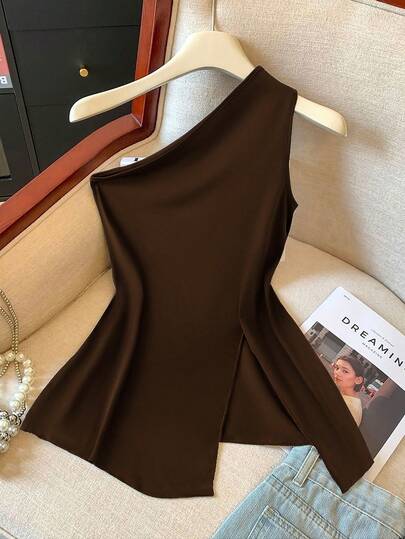 GlowEve CURVE Camiseta sin mangas de unicolor con hombros oblicuos, de estilo minimalista y de moda, talla grande