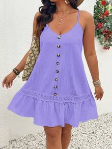 Breezaya Plus Size V-Neck Sleeveless Front Button Ruffle Hem Textured Slip Dress - Lilac Purple - View 7