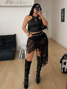 Coolane 女士加大码春夏时尚蕾丝不对称下摆半身裙 - 黑色 - 查看 4