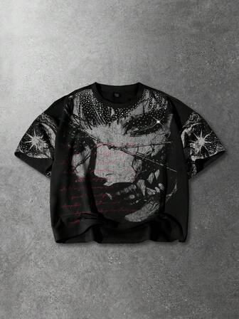 Herren Slogan- & Figuren Muster Rundhals Lässig Strass verziertes Kurzarm T-Shirt, locker geschnitten