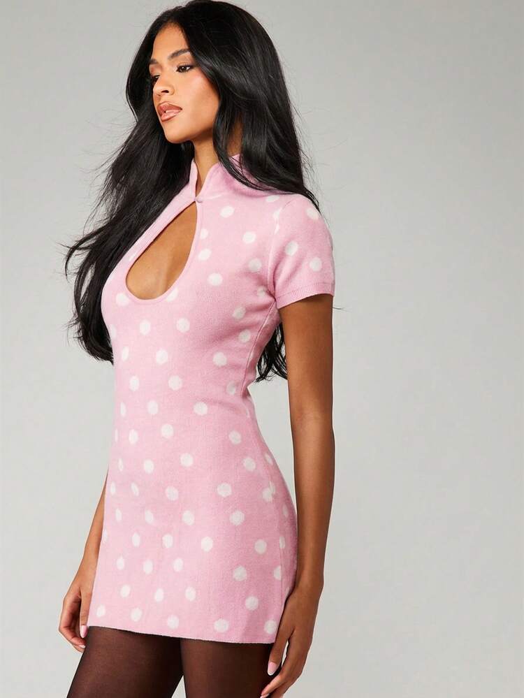 MISSGUIDED Polka Dot Knit Mini Dress With Keyhole