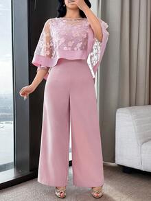 Feyla Bộ đồ 2 mảnh thanh lịch dành cho nữ: Áo choàng poncho lưới hoa 3D và bộ jumpsuit ống rộng không tay màu trơn. - Hồng - Xem 5