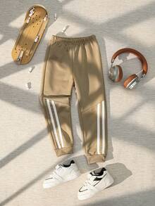 SHEIN Explorewe Young Boy Striped Tape Side Sweatpants - Brown - View 5