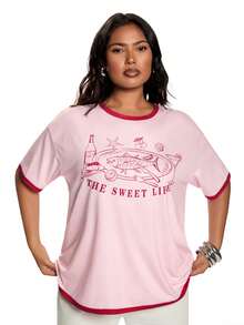 Solavibe Einfaches T-Shirt mit rundem Ausschnitt und kurzen Ärmeln in Große Größen - Pink - Übersicht 6
