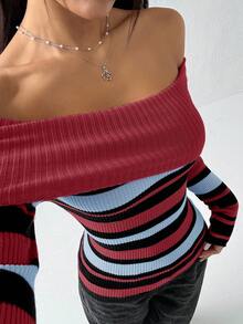 Jeanoix Áo len nữ dài tay trễ vai kẻ sọc thời trang, mùa thu/đông - Đỏ - Xem 5