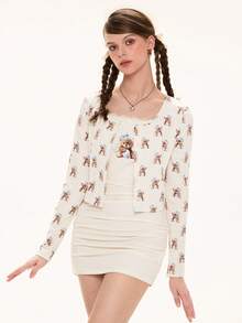 ROMWE Kawaii 2pcs/Set Cute Bear Casual Cardigan Jacket Paired With Sexy Lace Splice Mini Dress For Women - Apricot - View 5