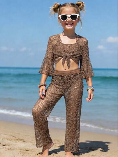 SHEIN Tween Girls Bikini Sets Coffee Color Plain Hollow Mesh And Knitted Fabric Yarn Clothing Yarn Pants Hollow Mesh Cover With A Layer Of Mesh Four Piece Swimsuit And Swimming Pants And Yarn Clothing And Yarn Pants Fashionable Casual Exquisite Gorgeous Ladies Suitable For Swimming Suitable For Summer Vacation, Beach Beach Beach Swimming Pool, Summer Party Leisure Vacation